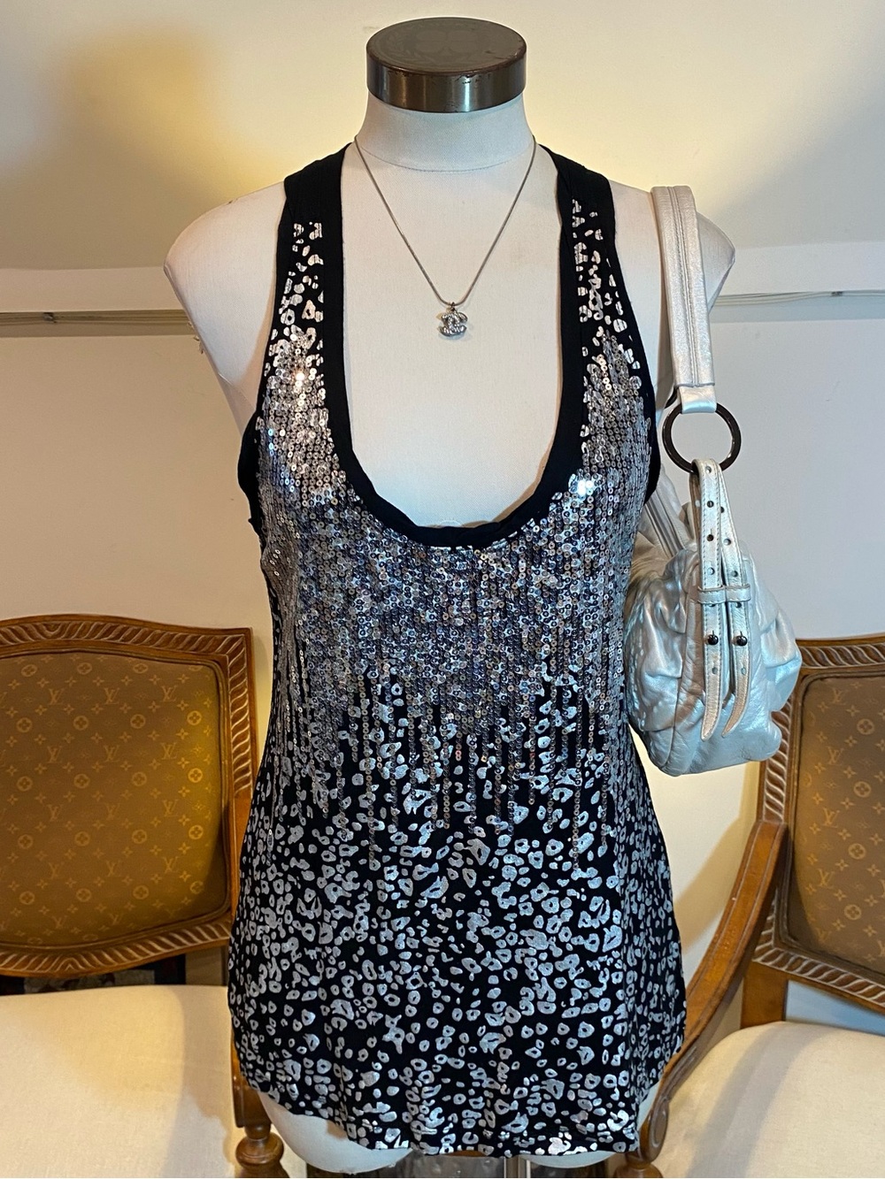 bebe Y2K Black & Silver Sequin Animal Print Tank Top, Size Large Rayon-Blend